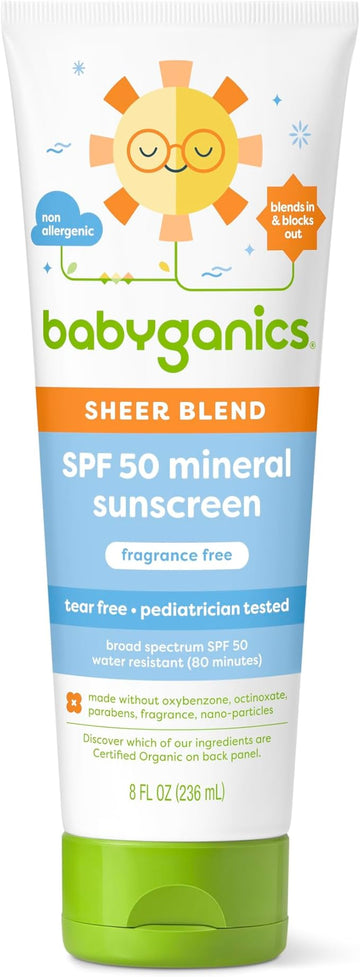 Babyganics SPF 50 Mineral Sunscreen Lotion, Sheer Blend, UVA UVB Protection, Octinoxate & Oxybenzone Free, Water Resistant, Fragrance Free, 8 oz