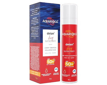 Detan+ Dewy Face Sunscreen with SPF 50+ & PA++++ | Broad Spectrum Protection & No White Cast | Fights Sun Damage with Cherry Tomato & Hyaluronic Acid | 1.76 Oz/50g