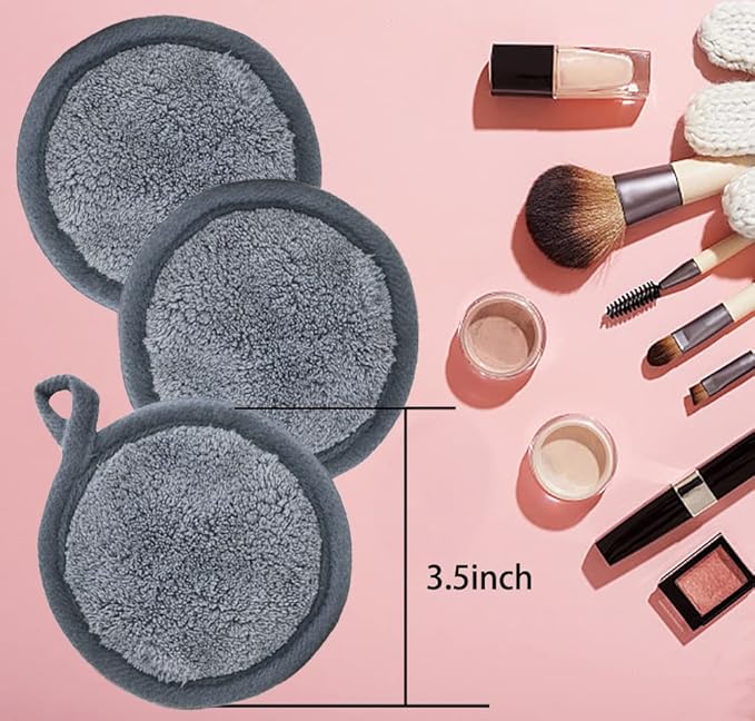 Reusable Makeup Remover Pads 16 Pack Microfiber Cleansing Facial Rounds Wipes Face, Eyes, Lips（3.5inch, grey）