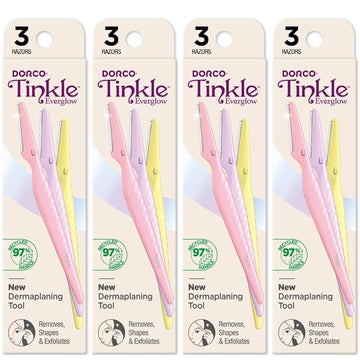Dorco Tinkle Everglow, 12 Razors (4 Packs of 3), Eco-Friendly Dermaplaning Tool, Multipurpose Eyebrow Razor & Face Shaver