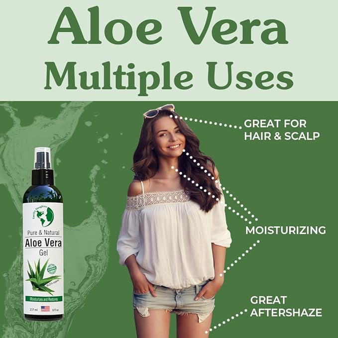 Earth’s Daughter Organic Aloe Vera Gel from Fresh Cut 100% Pure Organic Aloe leaves – Fast Absorbing for Face, Skin, Hair & Body – Vegan, Unscented, Natural - 8 Oz USA Made