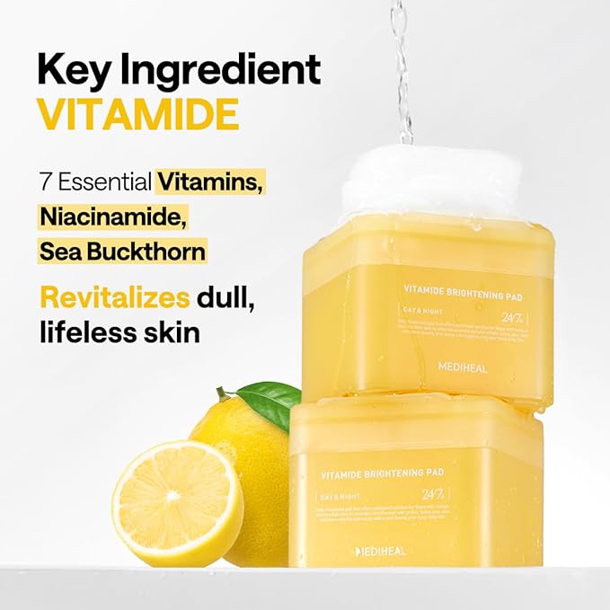 MEDIHEAL Vitamide Brightening Pad - Vegan Face Hypoallergenic Pads with Niacinamide, Sea Buckthorn - Radiance Boosting Pads for Clear, Illuminating Skin 100 Pads