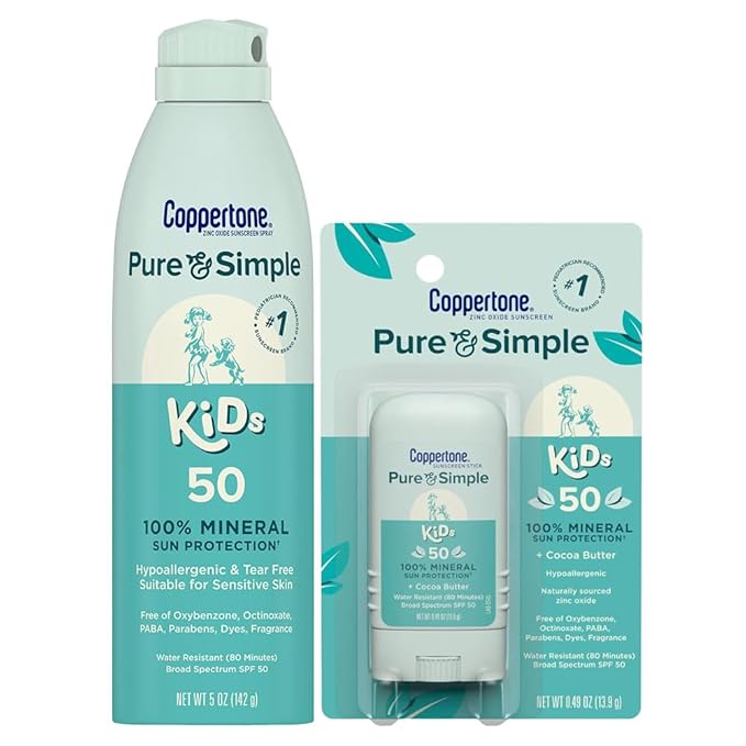 Coppertone Pure and Simple Kids Mineral Sunscreen Spray SPF 50 (5 Oz) + Kids Sunscreen Stick SPF 50 (0.49 Oz), Hypoallergenic and Fragrance Free