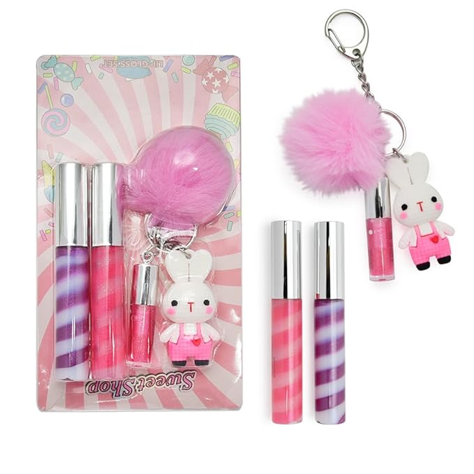 IBI Keychain Lip Glosses Set, Girls Party Favor Including 3Pcs Assorted Flavors Moisturizing Shimmer Lip Glosses for Kids and Teens Ages 5+