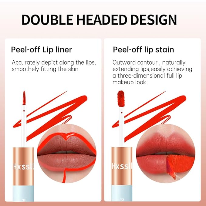 Matte Lip Stain Peel Off Lip Gloss& Lip Liner 2-in-1: One end defines lips with precision liner, the other peels off to reveal long-lasting, waterproof, smudge-proof, transfer-proof matte color.6#