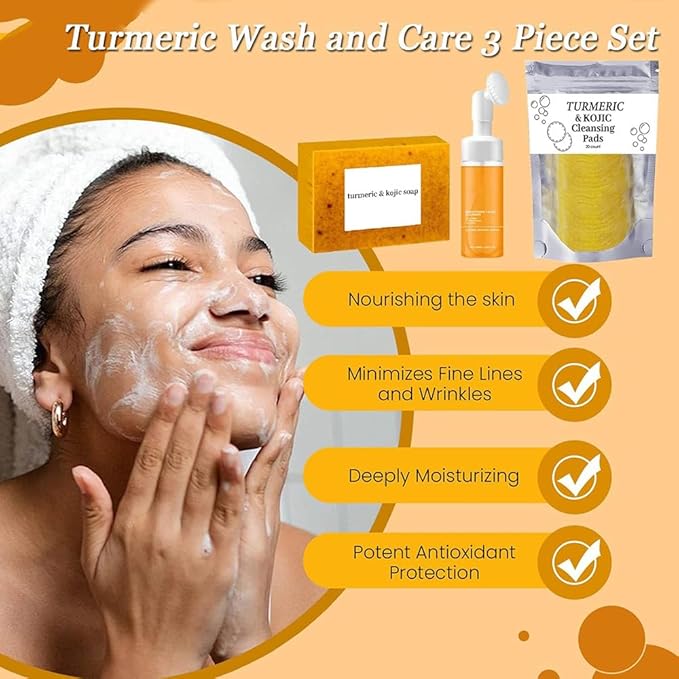 Turmeric Wash and Care 3 Piece Set, Turmeric Trio: Kojic Soap Bar/Facial Pads/Face Cleansing Wash with Brush, Jabon de Curcuma, Tumeric Soap Facial Cleaner Skincare Three Set for Face & Body (A)
