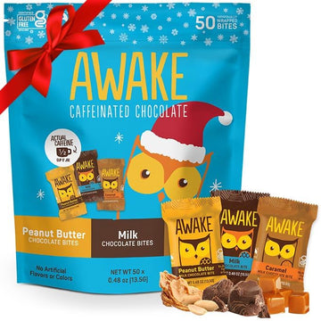 AWAKE - Caffeinated Chocolate Bites - Coffee Alternative - 50mg Caffeine - Energy Bars - Low-Calorie Snacks - Peanut Butter, Milk & Caramel Holiday Variety Pack - 50 Bites