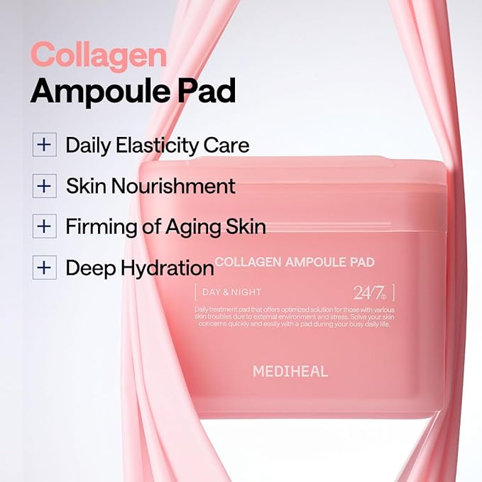 MEDIHEAL Collagen Ampoule Facial Toner Pads - Collagen & Ceramide - Skin Firming & Restore Elasticity & Deep Hydration - Tighten Wrinkles & Lines - Vegan Eco Silk Fabric