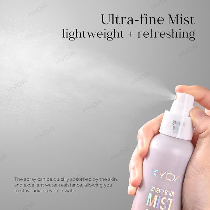 KYDA Sheer Body Sunscreen Mist, SPF 45, Radiant Glow Sunscreen Spray, Infused with Shimmer Body Oil, Ultra-fine Glowing Mist, Quick Drying, Lightweight Hydrating Spray, 4.06 fl oz, GOLD