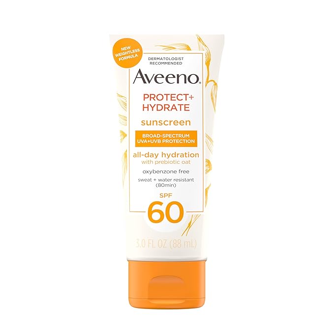 Aveeno Protect + Hydrate Moisturizing Body Sunscreen Lotion, SPF60 Broad Spectrum & Prebiotic Oat, Oil-, Oxybenzone- & Paraben-Free, Water & Sweat Resistant (80-min), Non-Greasy, Travel Size 3.0 Fl Oz