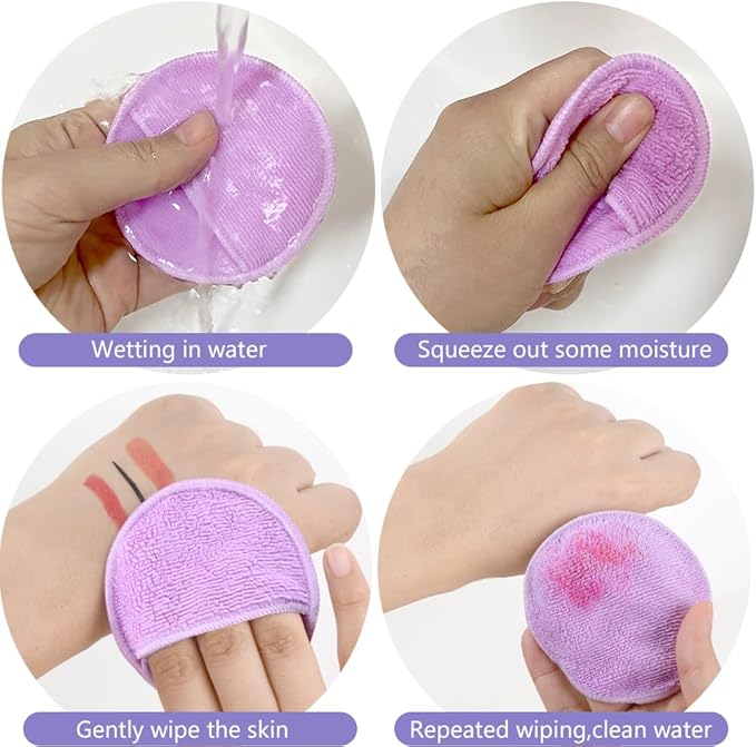 SUNLAND Reusable Makeup Remover Pads for Face,Eye,Lips 16 Pack Microfiber Face Cleansing Gloves Washable with Laundry Bag and Travel Bag Rounds Toner Pads（Round 3.15inchx16 Purple）