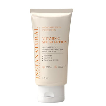 InstaNatural Skin Care Vitamin C SPF 50 Broad Spectrum Sunscreen Lotion, Brightening, Lightweight, Non-Greasy Moisturizer, UVA, UVB Sun Protection Sunblock, with Aloe Vera & Botanicals, 5 Fl Oz