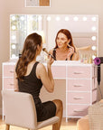 COMHOMA Vanity Desk with Large Mirror,15 LED Bulbs and Power Outlet,Makeup Table with 9 Storage Drawers and HD Mirrors,3 Color Modes Adjustable Lighting for Bedroom Dressing Room (Pink, 47inch)