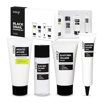 coxir BLACK SNAIL COLLAGEN STARTER KIT l Repairing&Firming | Black-3-Complex: Black Rice, Bean, Sesame, Snail Mucin, Collagen FOAM CLEANSER+TONER+SERUM+CREAM [3.19 fl.oz (Pack of 1)]