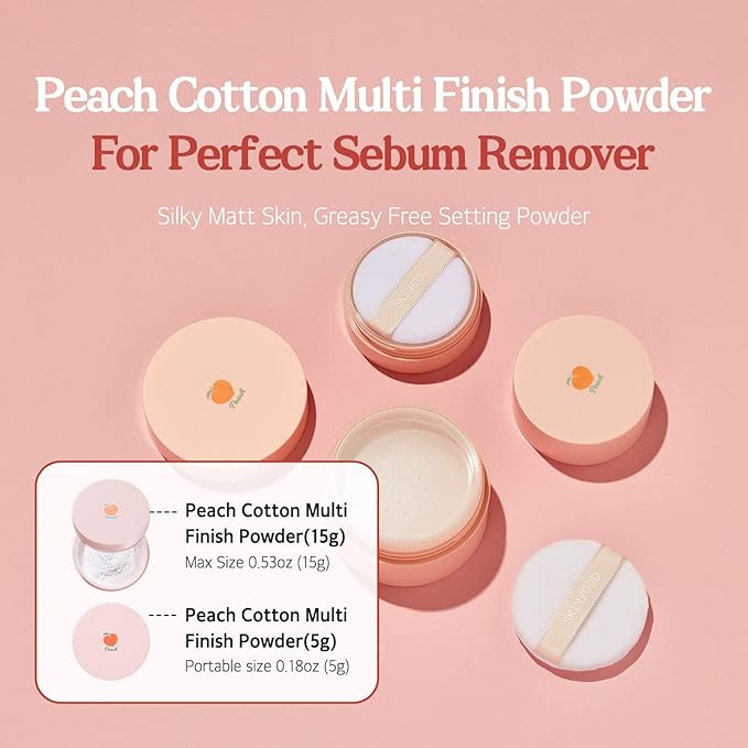 SKINFOOD Peach Cotton Multi Finish Powder 5g - Korean Peach Extract & Calamin Sebum Control Face Powder - Silky Setting Powder - Setting Powder for Oily Skin - Sweet Peach Scent for Soft Skin