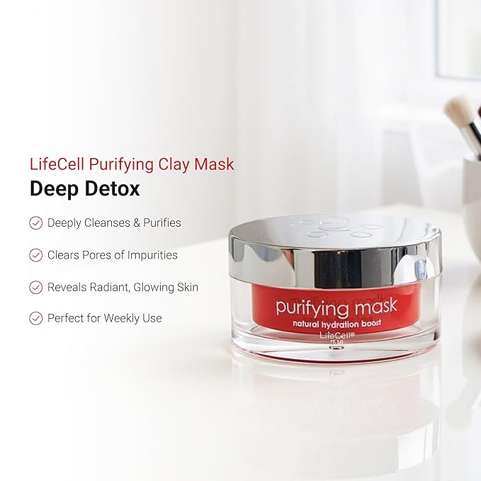 LifeCell Purifying Clay Mask – Deep Cleansing Facial Mask with Argan Oil, Green Tea, and Licorice Root – Exfoliates, Tightens Pores & Revitalizes Skin – 75ml