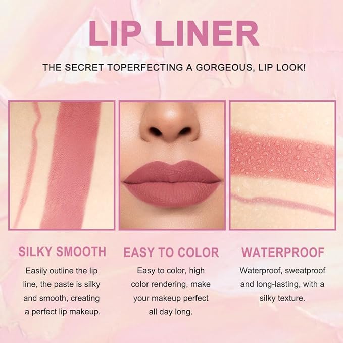 2-in-1 Antique Rose Lip Liner & Lipstick Set Kit for Women, Matte Lips Kit with Lip Liner Lip Stains Long Lasting Waterproof 24 Hour Lipstick and Lip Liners Combo Lipliners Pencil Set 04