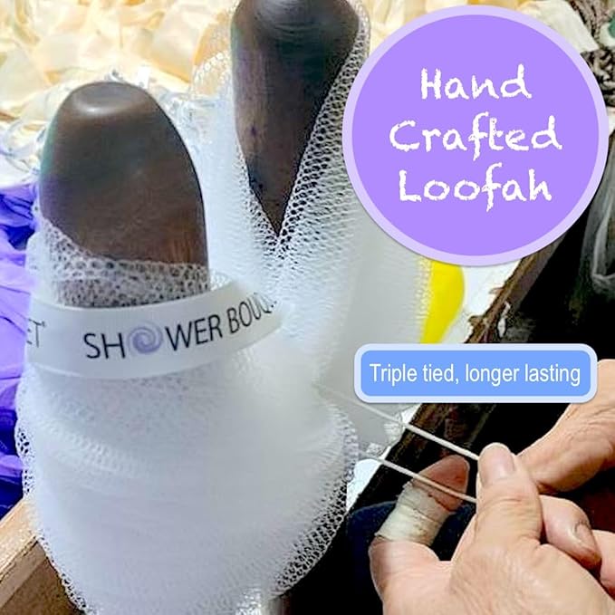 SHOWER BOUQUET 2-Sided-Loofah-Back-Scrubber & Bath-Sponge Set // 1-Long-Handle-Back-Brush Plus 2-Extra-Large 75g Soft Mesh Poufs, Men & Women - Exfoliate with Full Pure Cleanse in Bathing Accessories