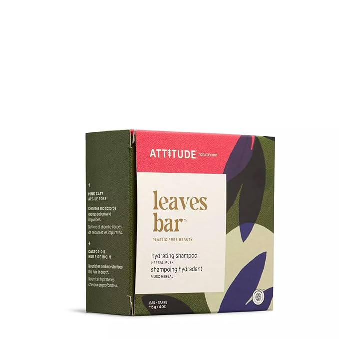 ATTITUDE Hydrating Shampoo Bar, Natural Origin, Ideal for Dry, Damaged Hair, Castor Oil, EWG Verified & Clean ingredients, Vegan, Herbal Musk, 4 Oz