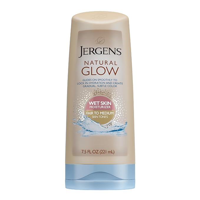 Jergens Natural Glow In Shower Lotion, Self Tanner for Fair to Medium Skin Tone, Sunless Tanning Wet Skin Lotion for Gradual, Flawless Color, 7.5 Ounce (Packaging May Vary)