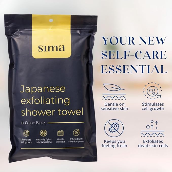 Exfoliating Washcloth Face & Body Scrub Towel - Japanese Exfoliating Towel with Hexagon Fibers, Body Scrubber with 2 Sides for Scrubbing & Washing, Extra Long (Black, 2 Pack)