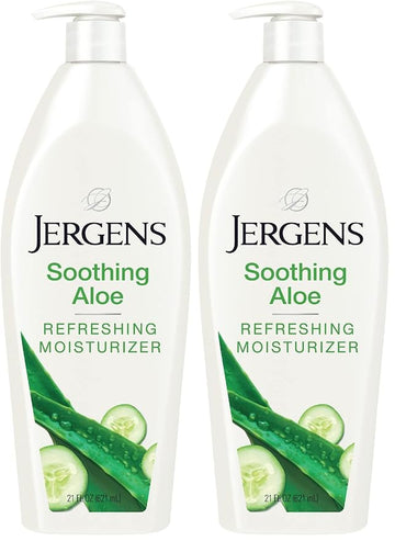 Jergens Soothing Aloe Refreshing Body Lotion, Aloe Vera Body and Hand Moisturizer, 21 Fl Oz, Illuminating Hydralucence Blend, with Cucumber Extract, Dermatologist Tested (Pack of 2)