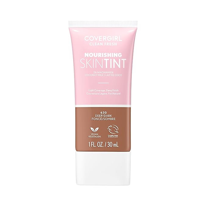 COVERGIRL Clean Fresh Nourishing Skin Tint, 630 Deep/Dark, Liquid Foundation, Dewy Finish, Infused with Coconut & Aloe, Vegan Formula