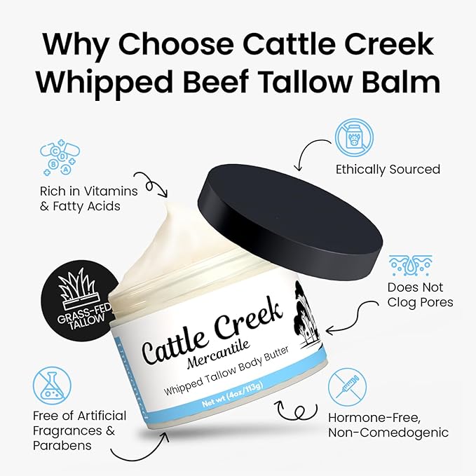 Cattle Creek Whipped Beef Tallow for Skin & Face – Deeply Moisturizing Tallow Balm – Organic Grass-Fed Skincare – Nourishes Dry, Sensitive Skin– Non-Comedogenic, Fast-Absorbing (4oz, Unscented)