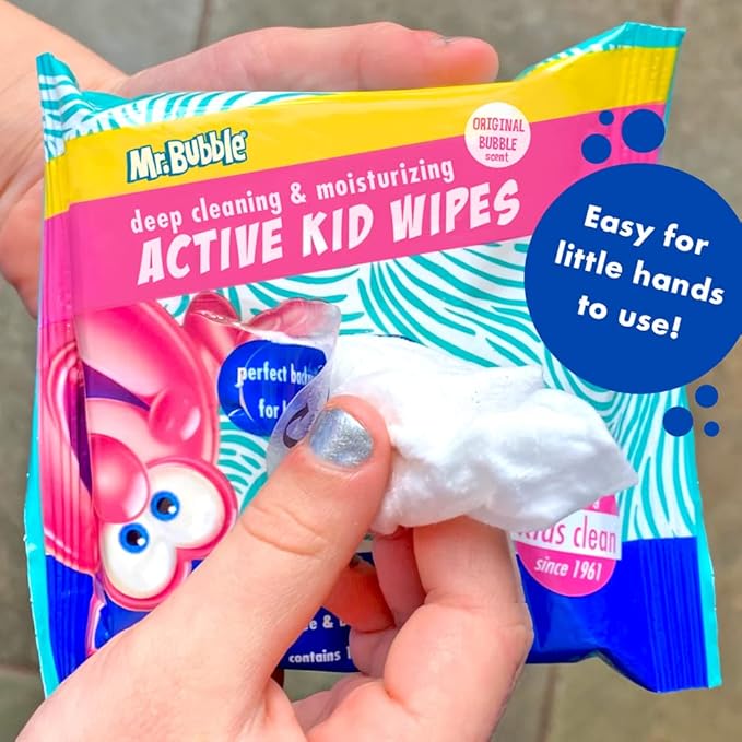 Mr. Bubble Moisturizing Kids Gentle Face and Hand Wipes, Travel Size Biodegradable Deep Cleaning Towelettes Made with Hydrating Aloe Vera and Chamomile (Pack of 12 Pouches, 15 Wipes Each)