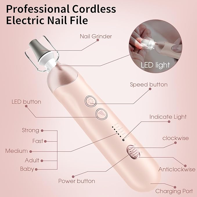 Professional Manicure Pedicure Kit, Cordless Electric Nail File Set, Rechargeable Pedicure Tools for feet, 5 Speeds Hand Foot Care Nail Drill for Thick Nail Toenail Cuticle Women Men Baby Pets-Rose