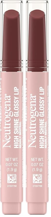 Neutrogena High Shine Glossy Lip with Maracuja Oil + Vitamins & Antioxidant Vitamin E, Nourishing Glossy Lip, Non-Retractable, Pigmented For Buildable Color, Nearly Neutral, 0.07 oz (Pack of 2)