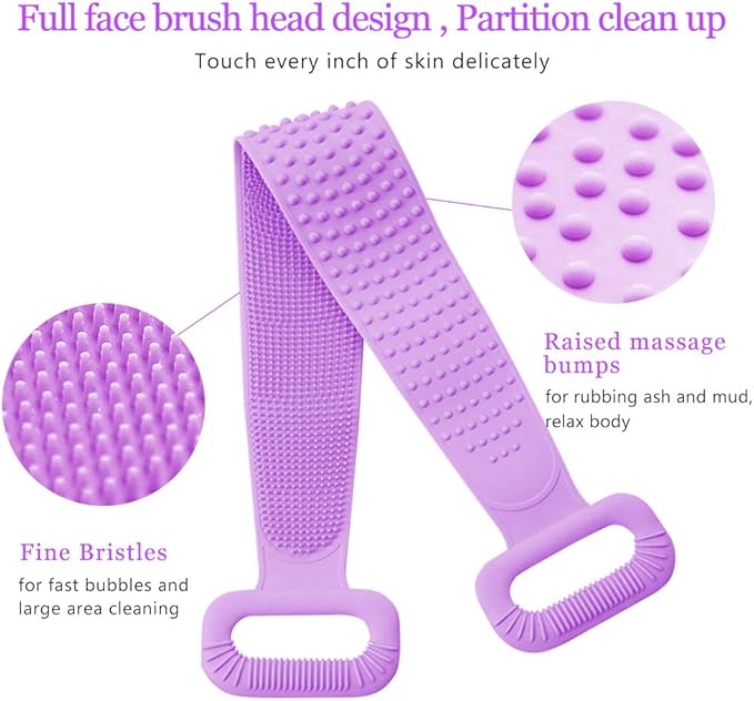 Inmorven Exfoliating Back Scrubber for Shower with Handles, 30 Inch Double-Sided Back Exfoliator Body Scrub Towel, Exfoliating Washcloth Bath Tool for use in Shower, Clean Skin for Men & Women(Purple)