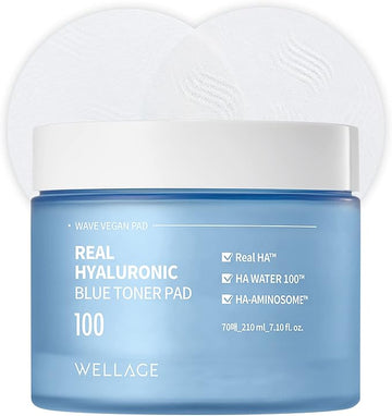 WELLAGE Real Hyaluronic Blue Toner Pad – Korean Toner Pads for Calming & Moisturizing with Hyaluronic Acid - Exfoliating Pads for Skin Smooth, K-Beauty Skincare, 70 Sheets