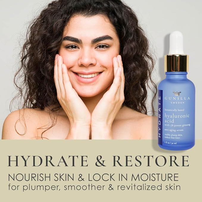 GUNILLA Hyaluronic Acid & Ginseng Serum: Vegan. Plant-Based Anti-Aging Serum, Plumping, Firming & Hydrating, Reduce the Appearance of Wrinkles. 14 Actives & Herbals. Natural. Oil-Free. 1 oz