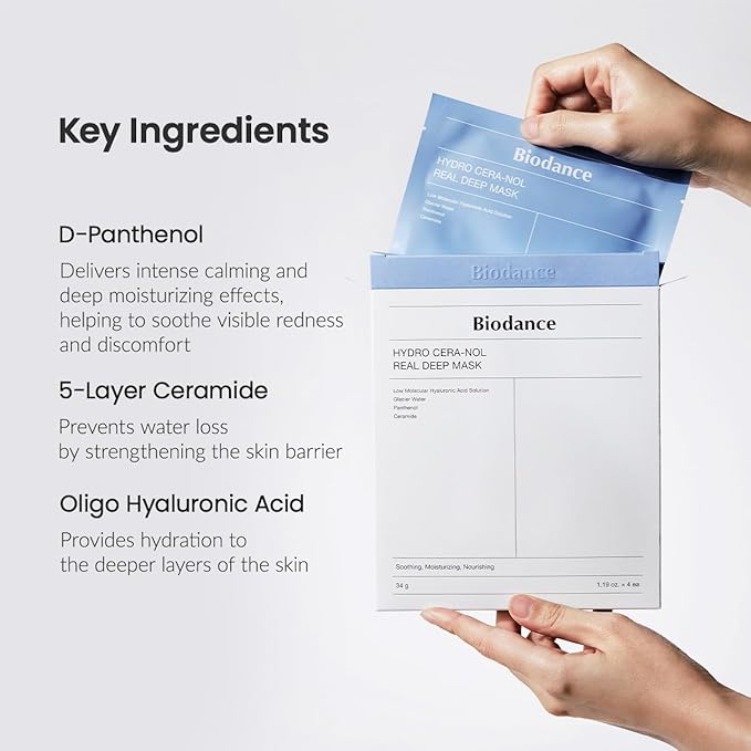 BIODANCE Hydro Cera-nol Real Deep Mask, Overnight Hydrogel Mask, Hydrating Facial Mask For Sensitive Skin, Redness Reducing & Quick Soothing Effect, 1.19oz(34g) x 4ea
