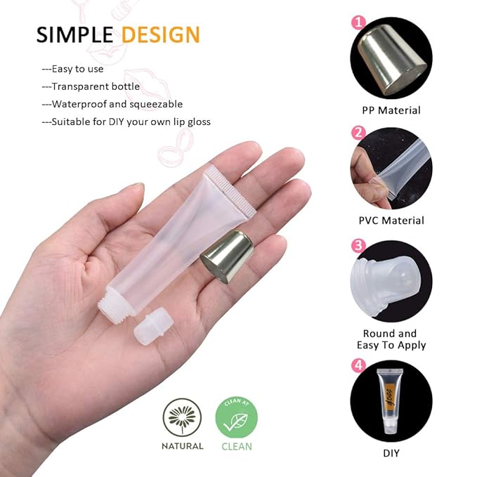 50PCS Lip Gloss Tubes 15ml Silver Cap Lip Gloss Containers Empty Lip Balm Tubes Refillable Cosmetic Squeeze Lipgloss Tubes + 2 x 20ml Syringes Tag Labels Stickers for DIY Lip Gloss Base Glitter