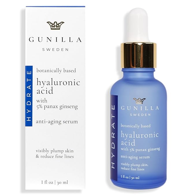 GUNILLA Hyaluronic Acid & Ginseng Serum: Vegan. Plant-Based Anti-Aging Serum, Plumping, Firming & Hydrating, Reduce the Appearance of Wrinkles. 14 Actives & Herbals. Natural. Oil-Free. 1 oz