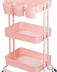 3-Tier Multifunction Rolling Cart Utility Storage Shelves Cart with Hanging Cup Lockable Wheels and Handle for Office Living Room Kitchen Bathroom (Pink)