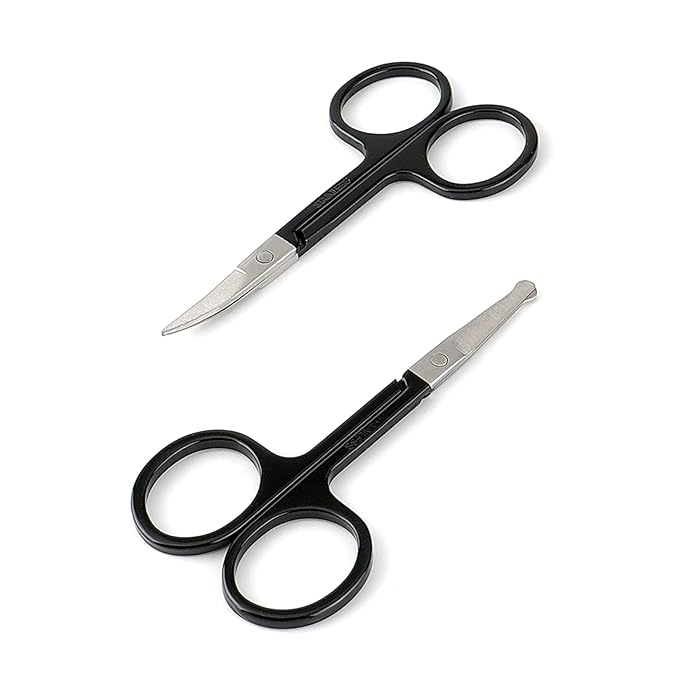 Facial Hair Small Grooming Scissors For Men Women - Eyebrow, Nose Hair, Mustache, Beard, Eyelashes, Ear Trimming Kit - Curved and Rounded Safety Tip Clippers For Hair Cutting- 2PCS Black