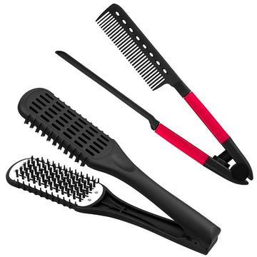 Chengu 2 Pcs Boar Bristles Clamp Double Sided Straightening Comb and Flat Iron Brush for Hair Styling and Straightening Knotty Unkempt Hair (Black, Rose Red)