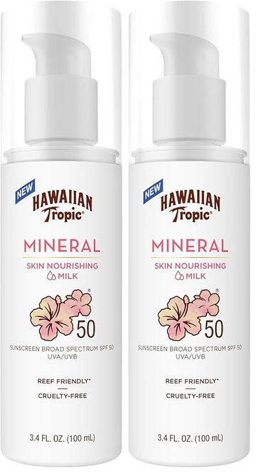 Hawaiian Tropic Skin Nourishing Milk Mineral Sunscreen Lotion SPF 50, 3.4oz | Travel Size Sunscreen Zinc Oxide, Sun Milk, Mineral Sunblock SPF 50, Oxybenzone-Free, 3.4oz (Pack of 2)