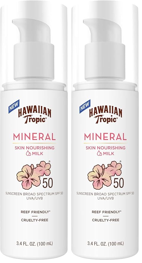 Hawaiian Tropic Skin Nourishing Milk Mineral Sunscreen Lotion SPF 50, 3.4oz | Travel Size Sunscreen Zinc Oxide, Sun Milk, Mineral Sunblock SPF 50, Oxybenzone-Free, 3.4oz (Pack of 2)