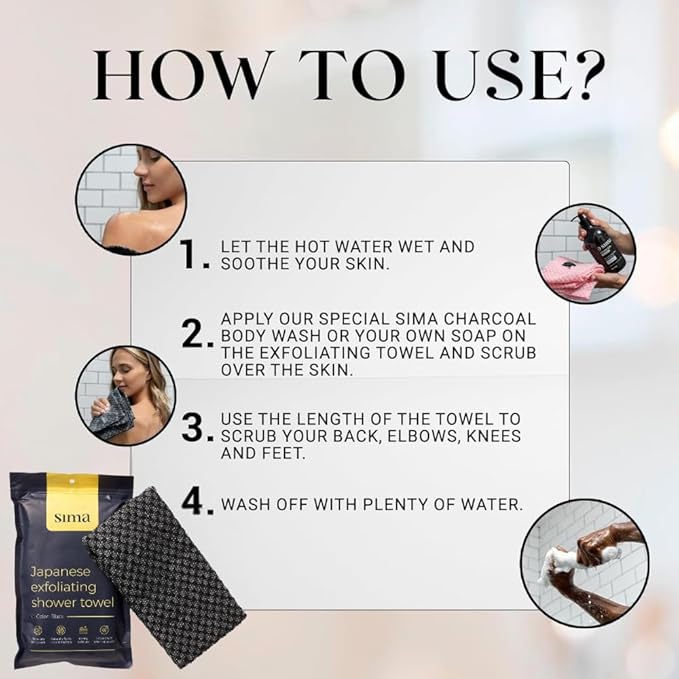 Exfoliating Washcloth Face & Body Scrub Towel - Japanese Exfoliating Towel with Hexagon Fibers, Body Scrubber with 2 Sides for Scrubbing & Washing, Extra Long (Black, 2 Pack)