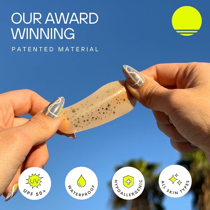 Sun Patch Under-Eye UV Protection Patches – Sparkle Sun Kiss Gold – Reusable UPF 50+ Silicone Patches for Sun Protection & Style – 2 Pairs (4 Total) – Waterproof, Hypoallergenic