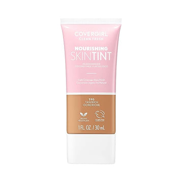 COVERGIRL Clean Fresh Nourishing Skin Tint, 590 Tan/Rich, Liquid Foundation, Dewy Finish, Infused with Coconut & Aloe, Vegan Formula