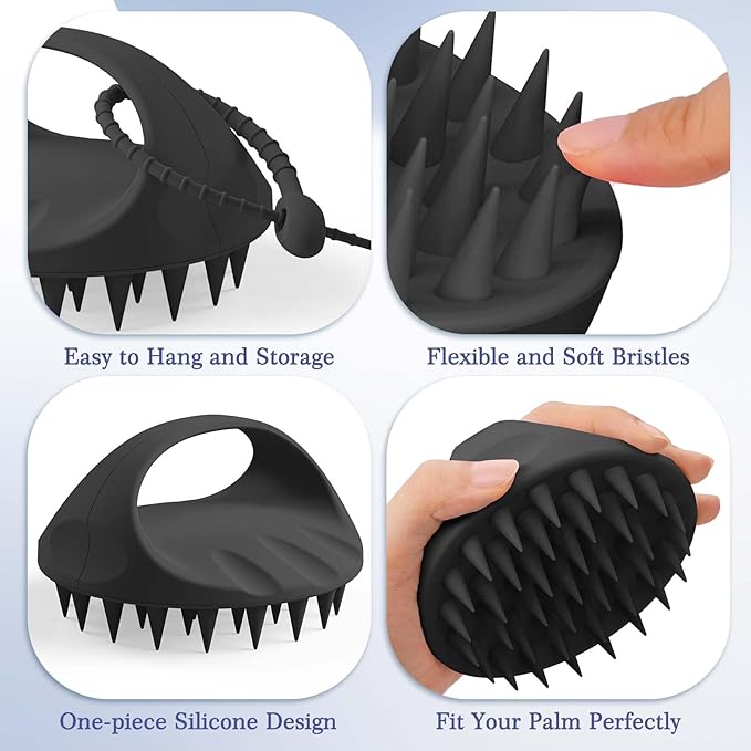 Manmihealth Silicone Hair Scalp Massager & Soft Bath Glove Set 2 PCS, Extra-large Shampoo Scalp Brush with Body & Face Scrubber for All Hair Skin Types with a Free Silicone Strap&Hook Style 2(Black*2)