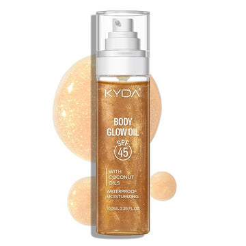 KYDA Body Glow Oil, SPF 45 Sunscreen Body Oil with Gold Mica, Sun-kissed Glow Skin Illuminator, Moisturizing Coconuts Summer Sunscreen, Water Resistant, 3.38 fl oz, AMBER