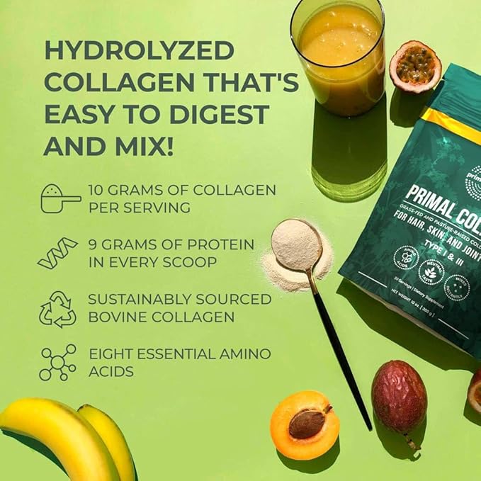 Primal Harvest Collagen Powder for Women or Men Primal Collagen Peptides Powder Type I & III, 10 Oz Collagen Protein Powder for Hair, Skin, Nails (Single, Original)