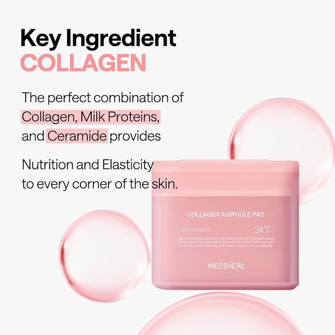 MEDIHEAL Collagen Ampoule Facial Toner Pads - Collagen & Ceramide - Skin Firming & Restore Elasticity & Deep Hydration - Tighten Wrinkles & Lines - Vegan Eco Silk Fabric