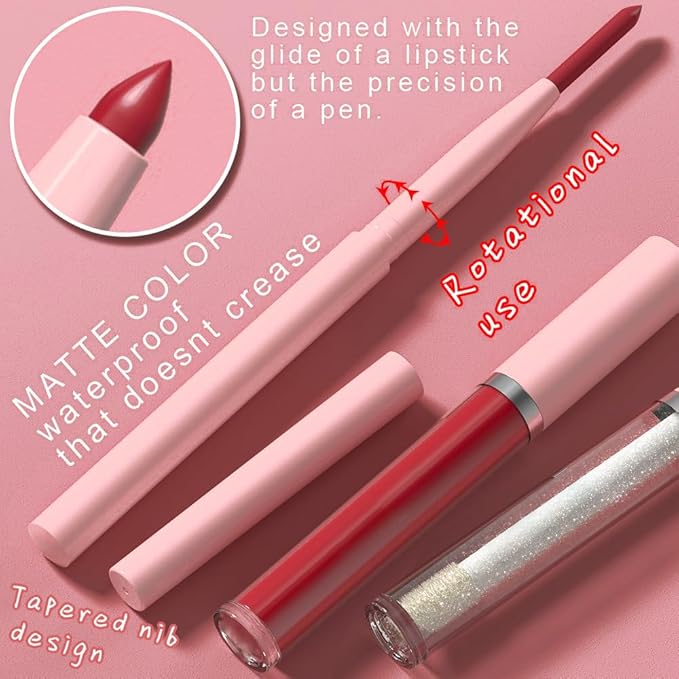 3-in-1Deep Burgundy Matte Lip Stain Kit | Waterproof Lip Liner + Hydrating Matte Lip Gloss + Nourishing Lip Oil | Long Lasting Plumping to Create Perfect Lip Makeup.08#